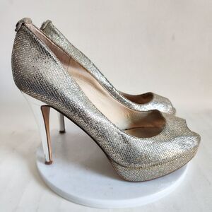 Michael Kors‎ Erika Open Peep Toe Pumps 4" Heels Silver Glitter Swiftie Size 8 M